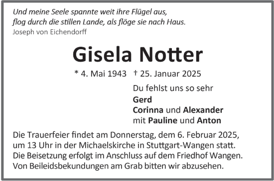 Traueranzeige von Gisela Notter von Stuttgarter Zeitung / Stuttgarter Nachrichten