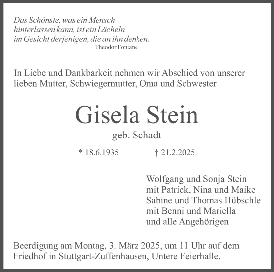 Traueranzeige von Gisela Stein von Stuttgarter Zeitung / Stuttgarter Nachrichten