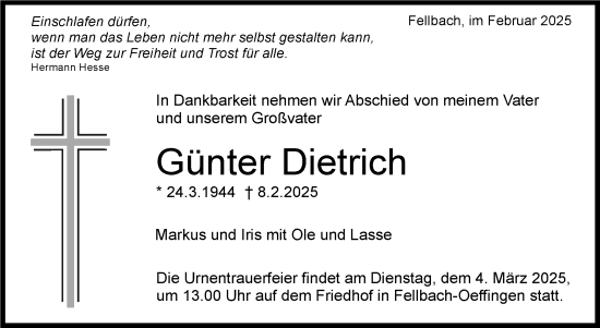 Traueranzeige von Günter Dietrich von Stuttgarter Zeitung / Stuttgarter Nachrichten