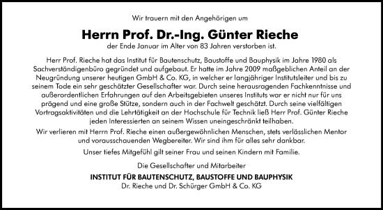 Traueranzeige von Günter Rieche von Stuttgarter Zeitung / Stuttgarter Nachrichten