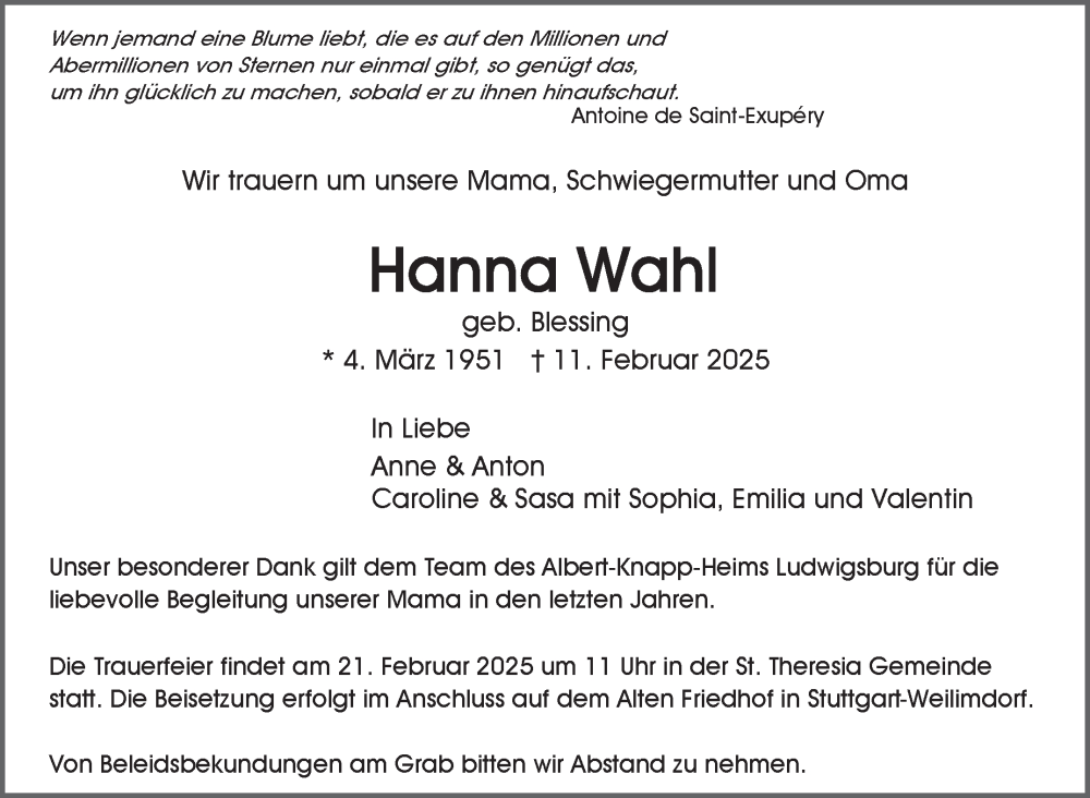  Traueranzeige für Hanna Wahl vom 15.02.2025 aus Stuttgarter Zeitung / Stuttgarter Nachrichten