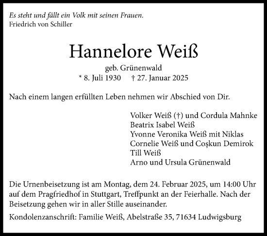 Traueranzeige von Hannelore Weiß von Stuttgarter Zeitung / Stuttgarter Nachrichten