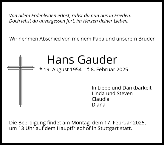Traueranzeige von Hans Gauder von Stuttgarter Zeitung / Stuttgarter Nachrichten