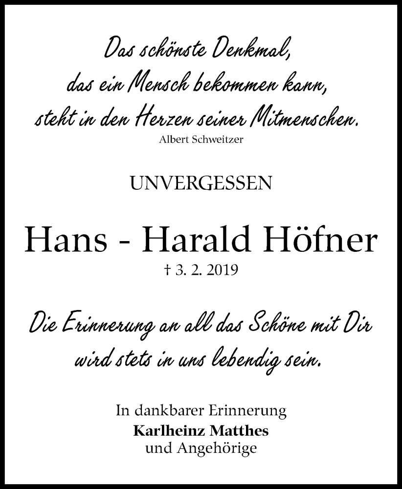  Traueranzeige für Hans-Harald Höfner vom 01.02.2025 aus Stuttgarter Zeitung / Stuttgarter Nachrichten
