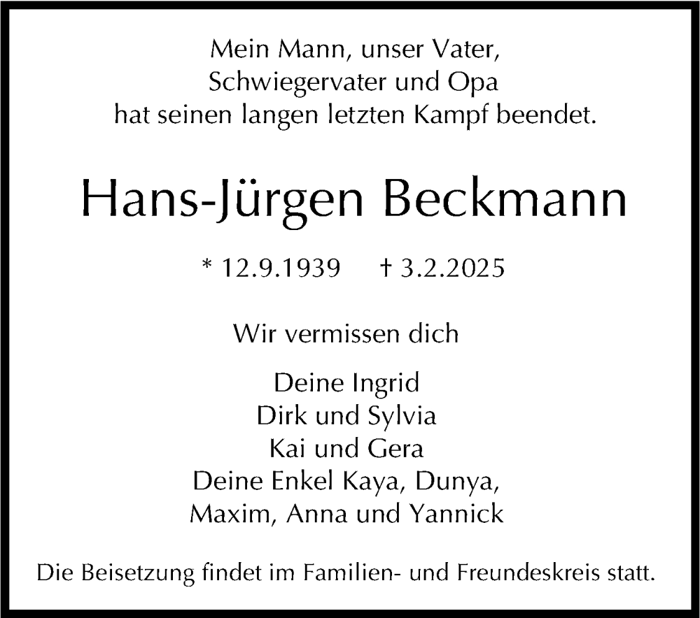  Traueranzeige für Hans-Jürgen Beckmann vom 14.02.2025 aus Stuttgarter Zeitung / Stuttgarter Nachrichten