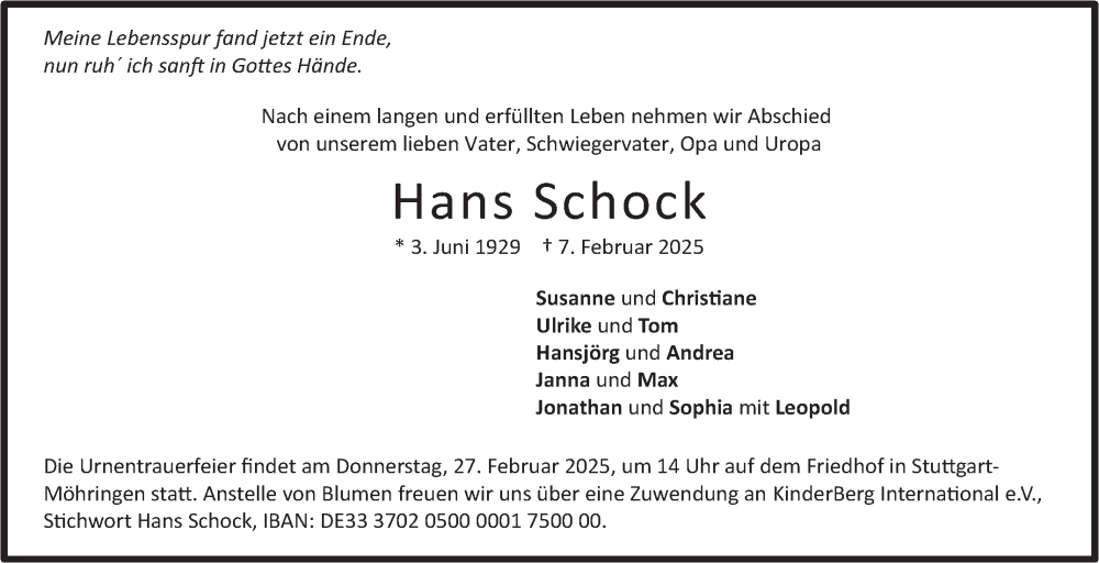  Traueranzeige für Hans Schock vom 15.02.2025 aus Stuttgarter Zeitung / Stuttgarter Nachrichten