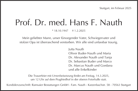 Traueranzeige von Hans F. Nauth von Stuttgarter Zeitung / Stuttgarter Nachrichten