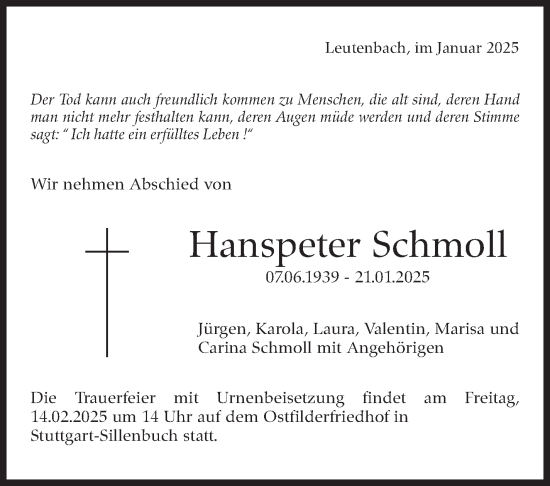 Traueranzeige von Hanspeter Schmoll von Stuttgarter Zeitung / Stuttgarter Nachrichten