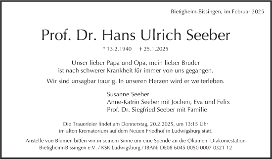 Traueranzeige von Hans Ulrich Seeber von Stuttgarter Zeitung / Stuttgarter Nachrichten