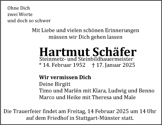 Traueranzeige von Hartmut Schäfer von Stuttgarter Zeitung / Stuttgarter Nachrichten