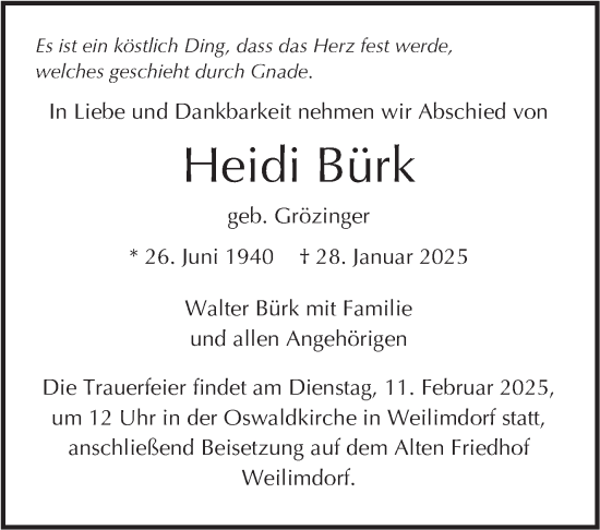 Traueranzeige von Heidi Bürk von Stuttgarter Zeitung / Stuttgarter Nachrichten