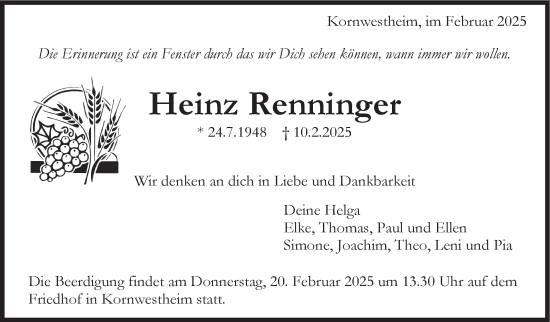 Traueranzeige von Heinz Renninger von Stuttgarter Zeitung / Stuttgarter Nachrichten