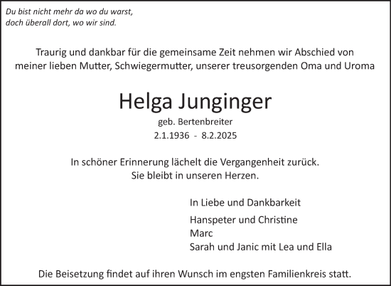Traueranzeige von Helga Junginger von Stuttgarter Zeitung / Stuttgarter Nachrichten