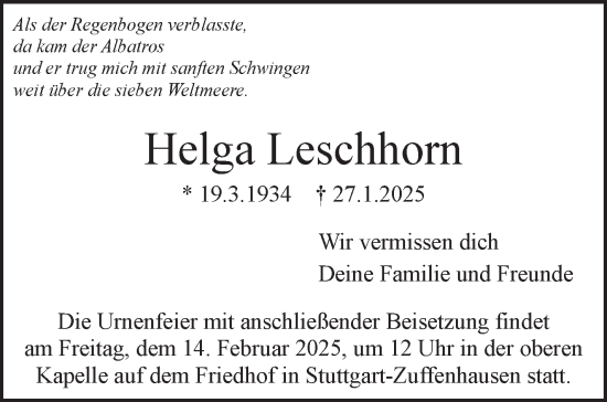 Traueranzeige von Helga Leschhorn von Stuttgarter Zeitung / Stuttgarter Nachrichten