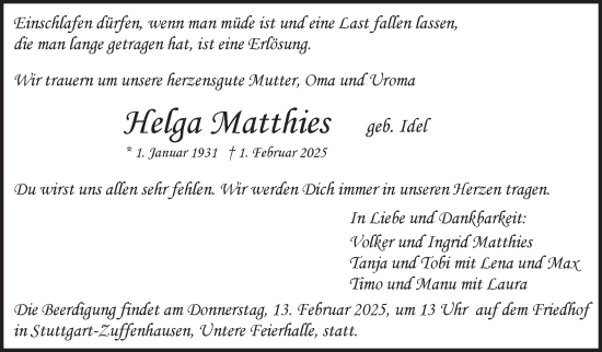Traueranzeige von Helga Matthies von Stuttgarter Zeitung / Stuttgarter Nachrichten