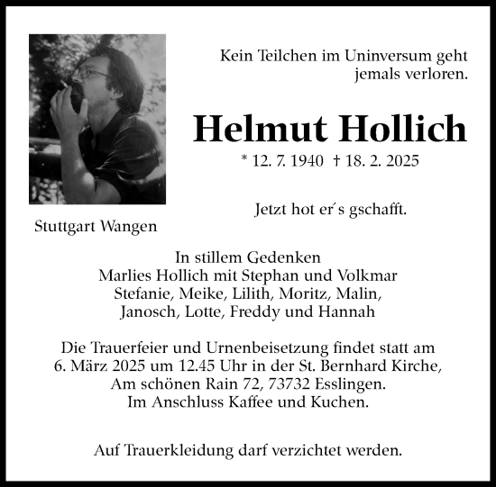 Traueranzeige von Helmut Hollich von Stuttgarter Zeitung / Stuttgarter Nachrichten