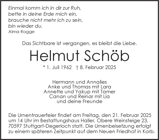 Traueranzeige von Helmut Schöb von Stuttgarter Zeitung / Stuttgarter Nachrichten