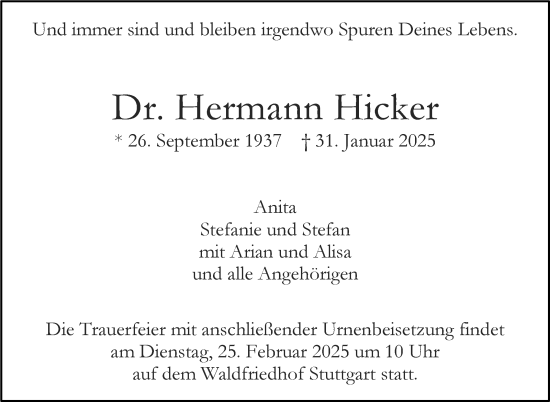 Traueranzeige von Hermann Hicker von Stuttgarter Zeitung / Stuttgarter Nachrichten