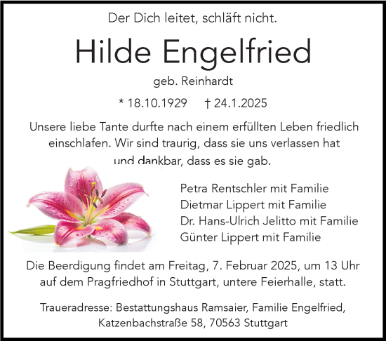 Traueranzeige von Hilde Engelfried von Stuttgarter Zeitung / Stuttgarter Nachrichten