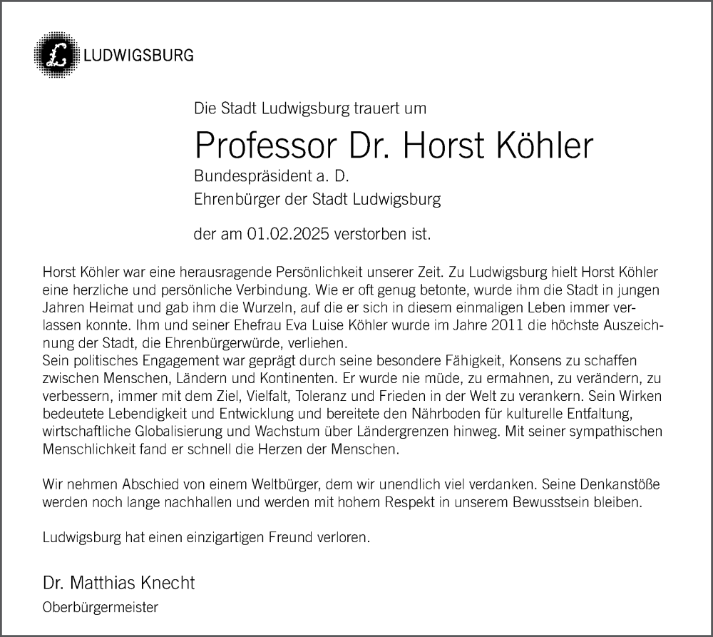  Traueranzeige für Horst Köhler vom 08.02.2025 aus Stuttgarter Zeitung / Stuttgarter Nachrichten