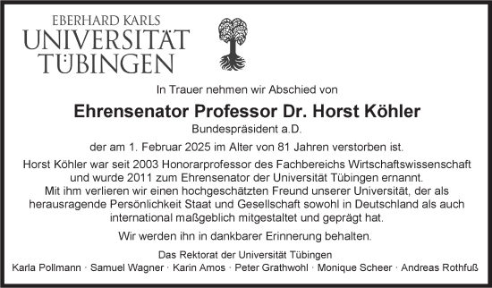 Traueranzeige von Horst Köhler von Stuttgarter Zeitung / Stuttgarter Nachrichten