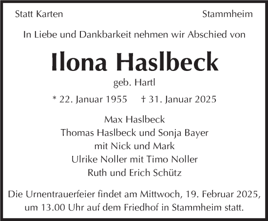 Traueranzeige von Ilona Haslbeck von Stuttgarter Zeitung / Stuttgarter Nachrichten