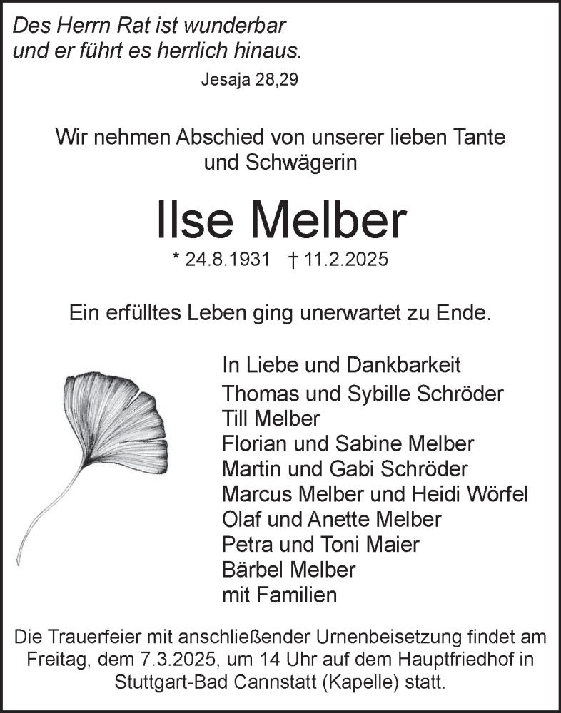  Traueranzeige für Ilse Melber vom 21.02.2025 aus Stuttgarter Zeitung / Stuttgarter Nachrichten