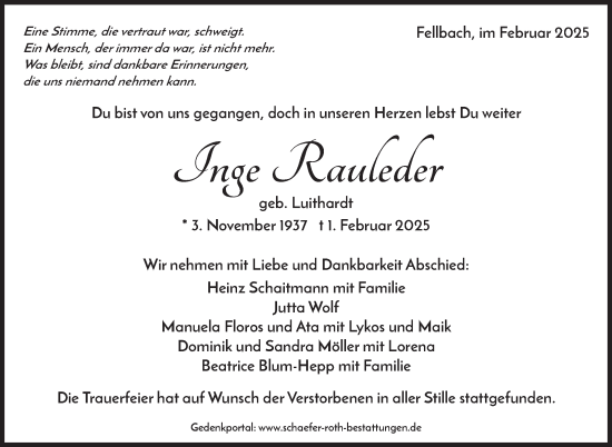 Traueranzeige von Inge Rauleder von Stuttgarter Zeitung / Stuttgarter Nachrichten