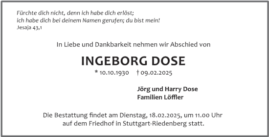 Traueranzeige von Ingeborg Dose von Stuttgarter Zeitung / Stuttgarter Nachrichten