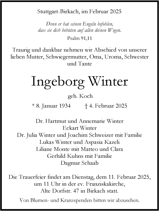 Traueranzeige von Ingeborg Winter von Stuttgarter Zeitung / Stuttgarter Nachrichten