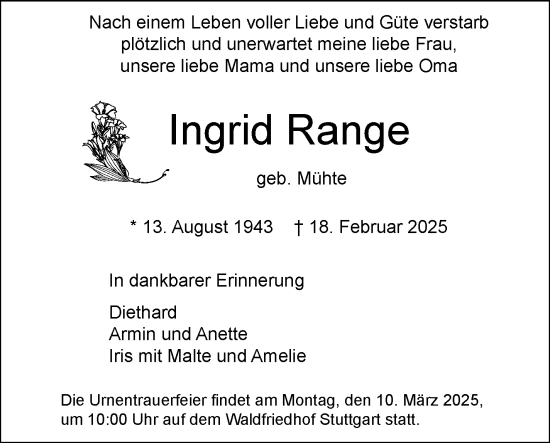 Traueranzeige von Ingrid Range von Stuttgarter Zeitung / Stuttgarter Nachrichten