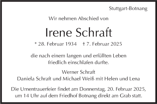 Traueranzeige von Irene Schraft von Stuttgarter Zeitung / Stuttgarter Nachrichten
