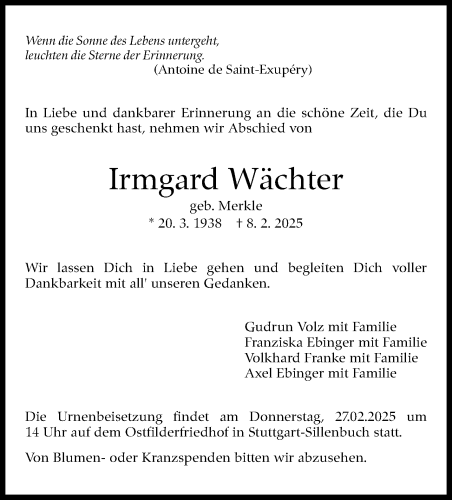  Traueranzeige für Irmgard Wächter vom 19.02.2025 aus Stuttgarter Zeitung / Stuttgarter Nachrichten