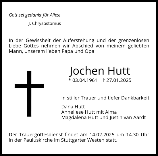 Traueranzeige von Jochen Hutt von Stuttgarter Zeitung / Stuttgarter Nachrichten