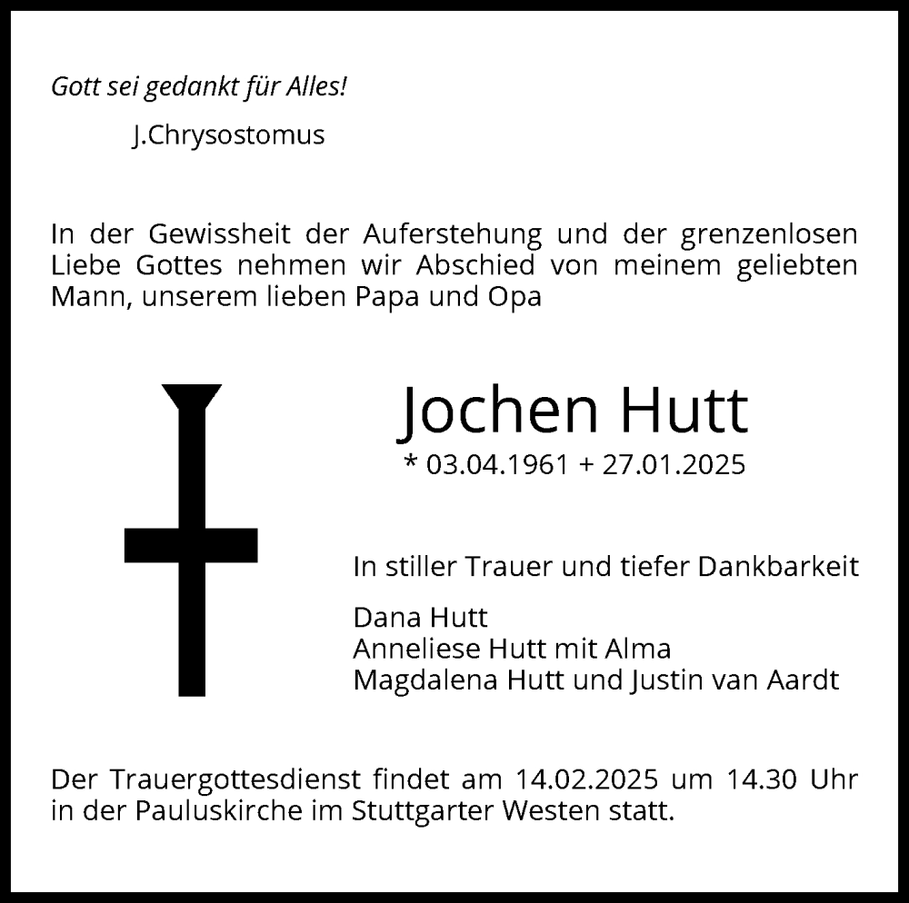  Traueranzeige für Jochen Hutt vom 11.02.2025 aus Stuttgarter Zeitung / Stuttgarter Nachrichten