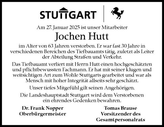 Traueranzeige von Jochen Hutt von Stuttgarter Zeitung / Stuttgarter Nachrichten