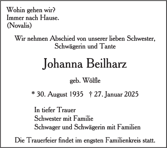 Traueranzeige von Johanna Beilharz von Stuttgarter Zeitung / Stuttgarter Nachrichten