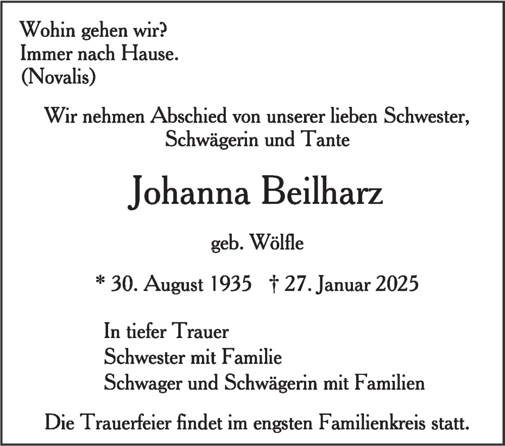  Traueranzeige für Johanna Beilharz vom 21.02.2025 aus Stuttgarter Zeitung / Stuttgarter Nachrichten