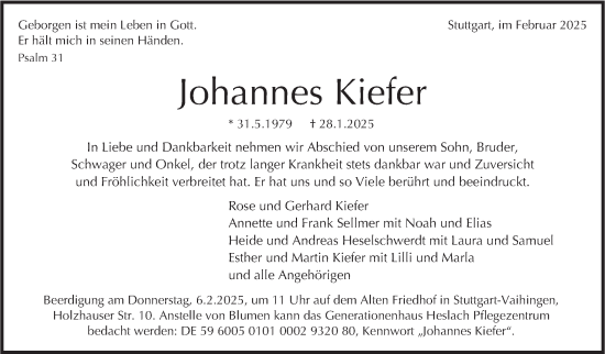 Traueranzeige von Johannes Kiefer von Stuttgarter Zeitung / Stuttgarter Nachrichten