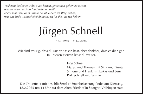 Traueranzeige von Jürgen Schnell von Stuttgarter Zeitung / Stuttgarter Nachrichten