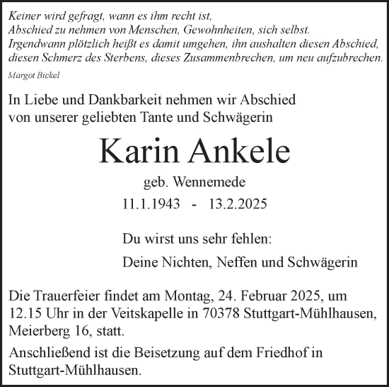 Traueranzeige von Karin Ankele von Stuttgarter Zeitung / Stuttgarter Nachrichten