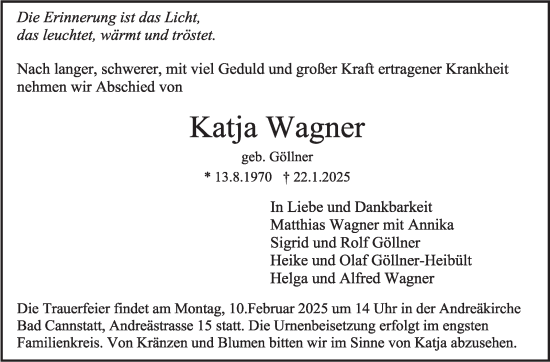 Traueranzeige von Katja Wagner von Stuttgarter Zeitung / Stuttgarter Nachrichten