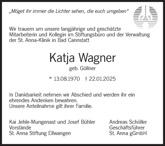 Traueranzeige von Katja Wagner von Stuttgarter Zeitung / Stuttgarter Nachrichten