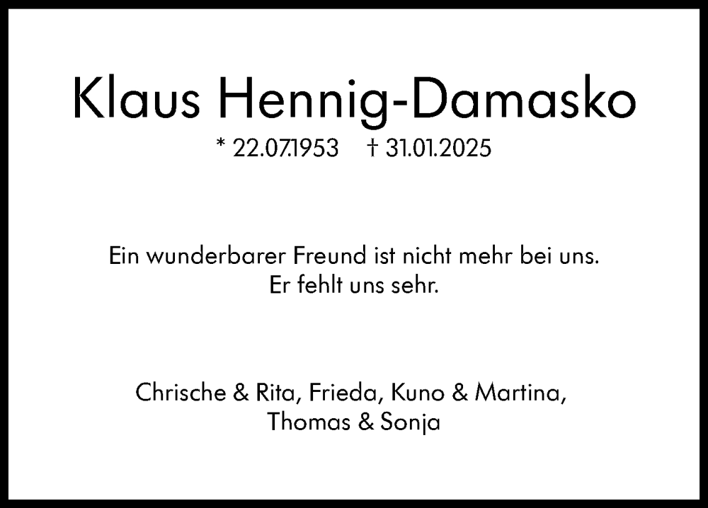  Traueranzeige für Klaus Hennig-Damasko vom 08.02.2025 aus Stuttgarter Zeitung / Stuttgarter Nachrichten