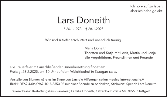 Traueranzeige von Lars Doneith von Stuttgarter Zeitung / Stuttgarter Nachrichten