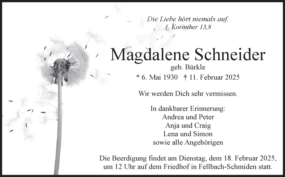  Traueranzeige für Magdalene Schneider vom 14.02.2025 aus Stuttgarter Zeitung / Stuttgarter Nachrichten
