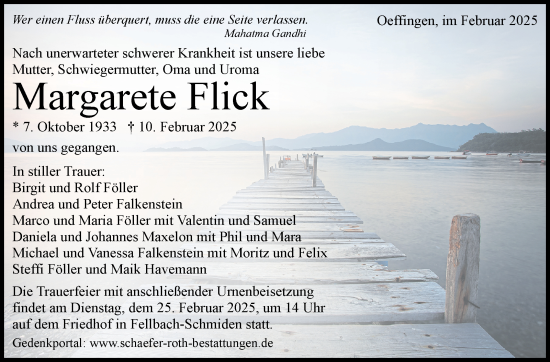 Traueranzeige von Margarete Flick von Stuttgarter Zeitung / Stuttgarter Nachrichten