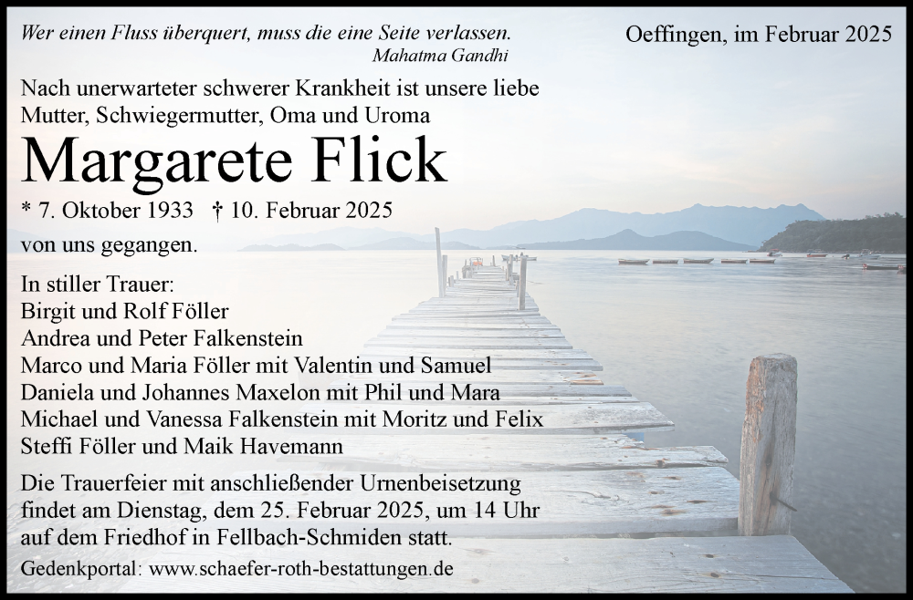  Traueranzeige für Margarete Flick vom 21.02.2025 aus Stuttgarter Zeitung / Stuttgarter Nachrichten