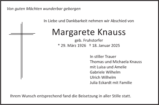 Traueranzeige von Margarete Knauss von Stuttgarter Zeitung / Stuttgarter Nachrichten