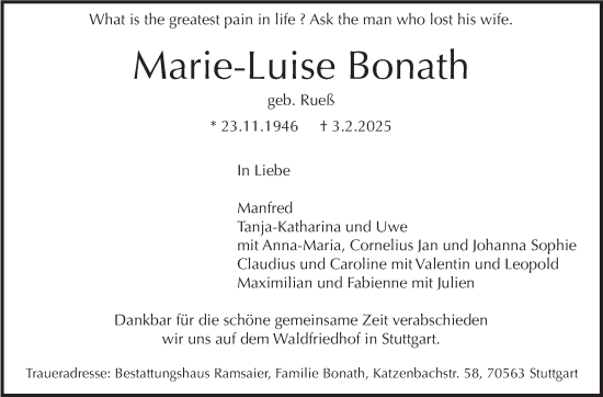Traueranzeige von Marie-Luise Bonath von Stuttgarter Zeitung / Stuttgarter Nachrichten